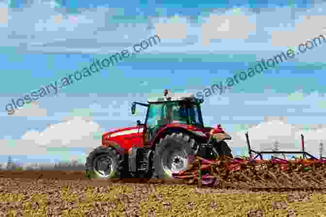 A Bright Red Farm Tractor Plowing A Field, The Rolling Hills And Clear Blue Sky Visible In The Background What Do I Get To See On The Farm? Was Gibt Es Auf Dem Bauernhof Zu Sehen?